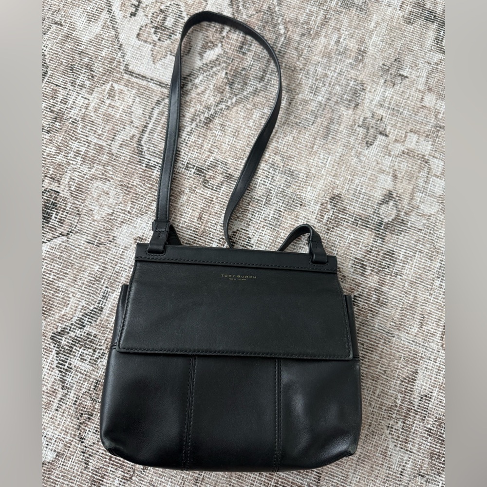 Tory Burch T Block Black Leather Flap Crossbody Bag
